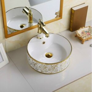 Chậu rửa mặt lavabo tròn đặt bàn hoa văn con hươu 400 x 400 x150 mm