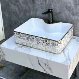 Chậu Lavabo rửa mặt vuông hoa văn đặt bàn đá 480 x 370 x 130 mm