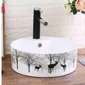 Chậu rửa mặt lavabo tròn đặt bàn hoa văn con hươu 400 x 400 x150 mm