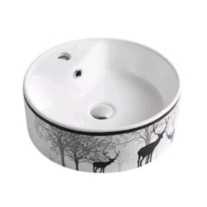 Chậu rửa mặt lavabo tròn đặt bàn hoa văn con hươu 400 x 400 x150 mm